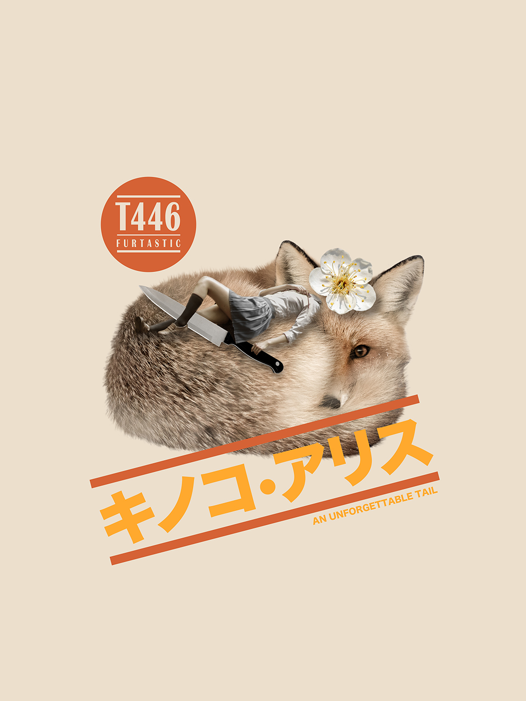 Surreal digital collage titled An Unforgettable Tail, featuring a school student with flower head holding a giant kitchen knife and laying on a giant fox by Mushroomalice MUMA
