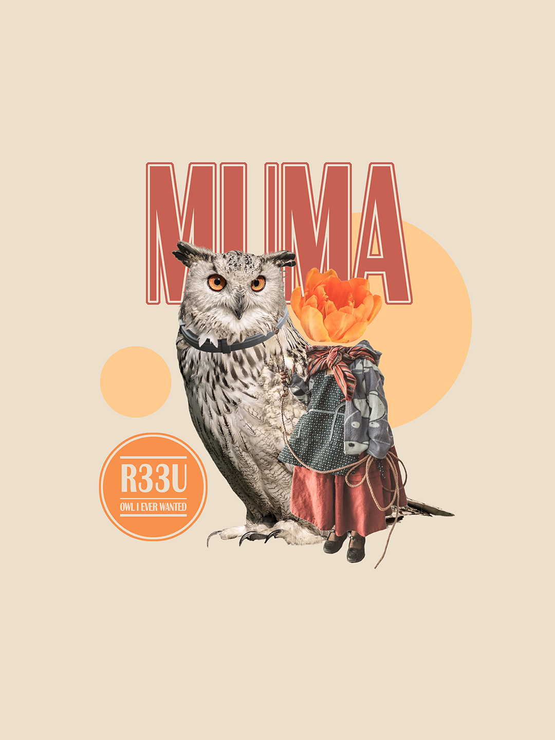 Surreal digital collage titled Owl I Ever Wanted, featuring a girl with an orange flower head holding on to a giant owl next to her by Mushroomalice MUMA
