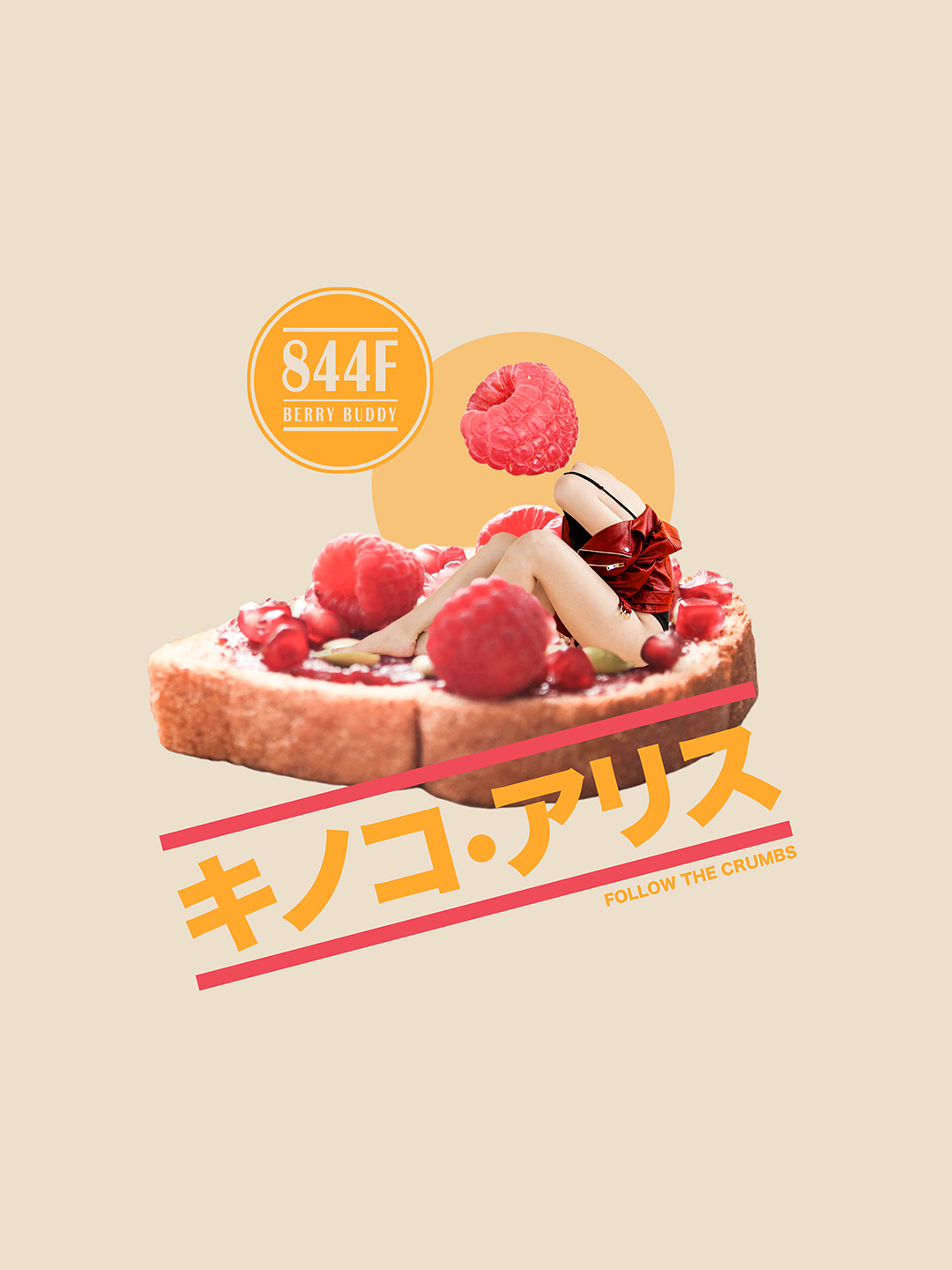 Surreal digital collage titled Berry Buddy, Funny Honey, featuring a girl in red leather jacket and a red berry head sitting on a giant sandwich filled with berries and jam by Mushroomalice MUMA