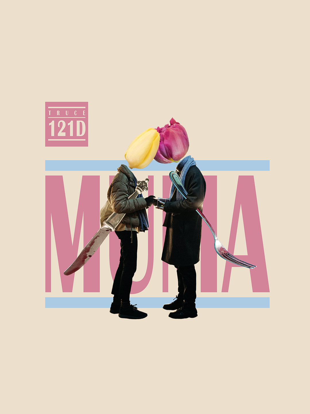Surreal digital collage titled Duel Truce, Dual Truths, featuring two fighters in winter wear with flower heads holding a giant fork and knife whole standing next to each other exchanging phone numbers by Mushroomalice MUMA