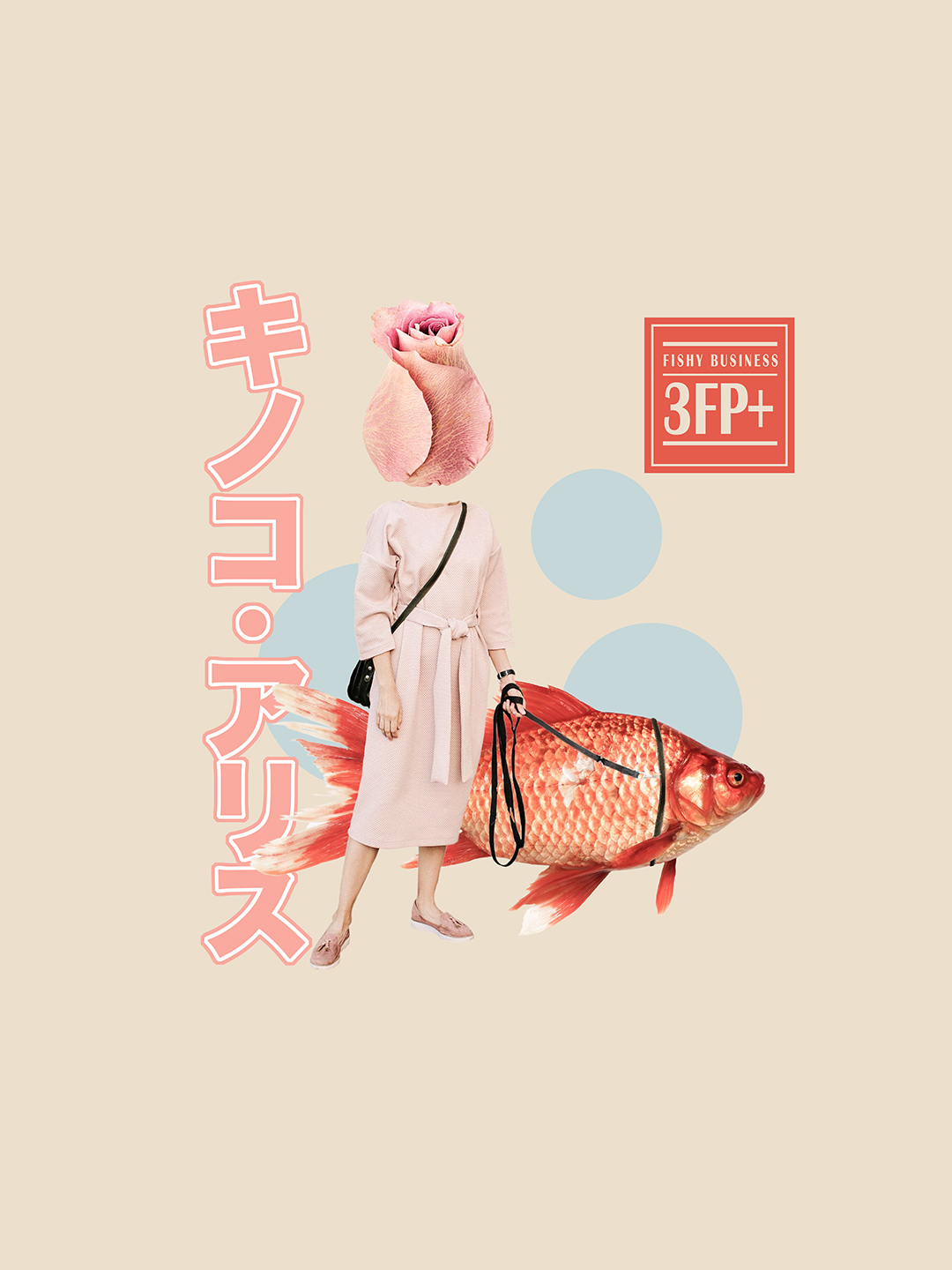 Surreal digital collage titled Fishy Business, Could have been Worse, featuring a woman with a pink flower head in a pink dress walking her giant goldfish on a leash by Mushroomalice MUMA
