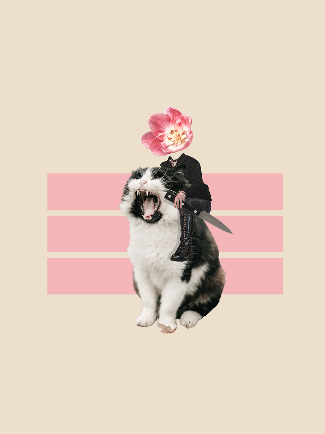 Surreal digital collage titled Slow Crawl, Loud Roar, featuring a person with flower head holding a kniife riding on a giant cat by Mushroomalice MUMA