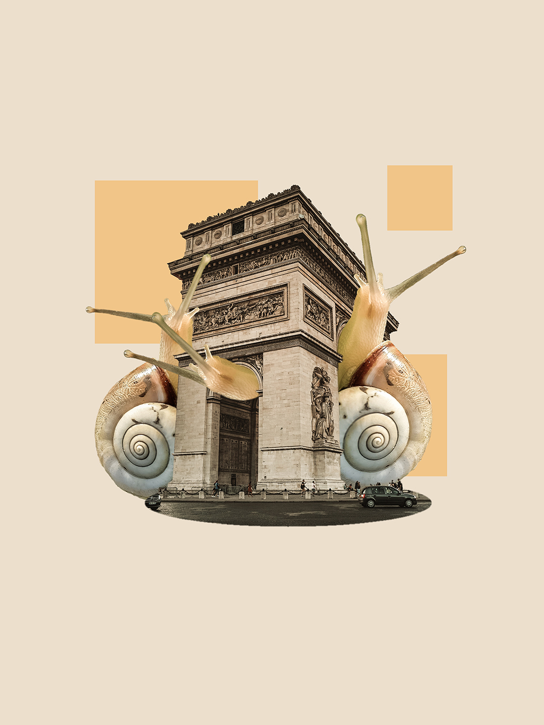 Surreal digital collage titled Funny Chumps, Why so Glum, featuring a group of giant snails crawling up a monument by Mushroomalice MUMA