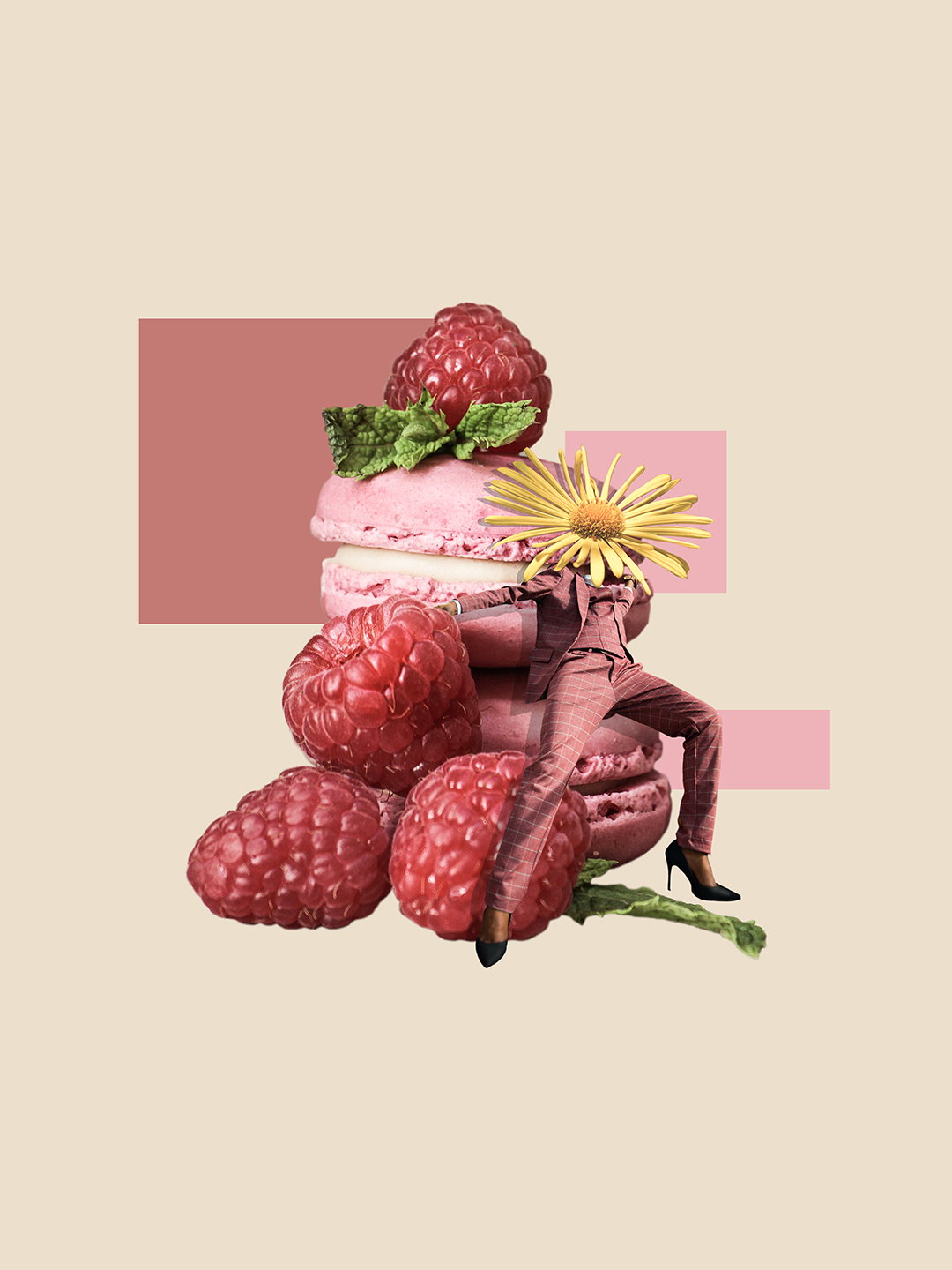 Surreal digital collage titled Hid unseen, Missed a Scene, featuring a tiny figure with yellow flower head in a pink suit with her back against raspberries and stacked macarons by Mushroomalice MUMA