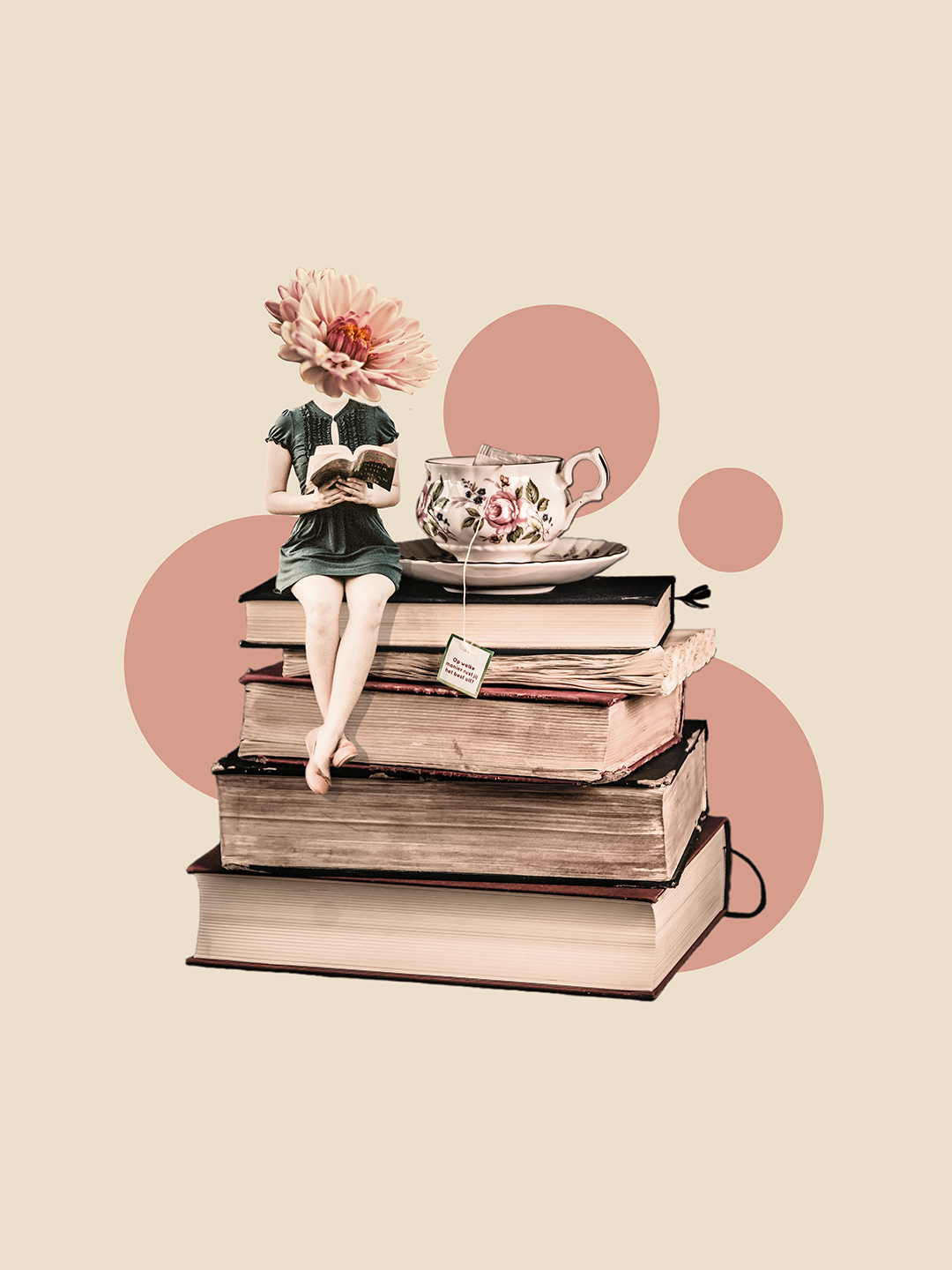 Surreal digital collage titled Tender Heart, Sharp as Shards, featuring a tiny woman with flower head sitting on top of a stack of books by Mushroomalice MUMA