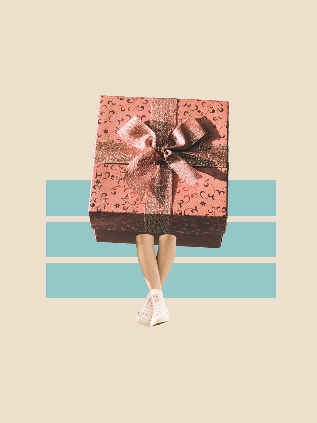 Surreal digital collage titled Riled and Miffed, Wrapped you Gifts, featuring a wrapped gift box with a pair of legs sticking through it by Mushroomalice MUMA