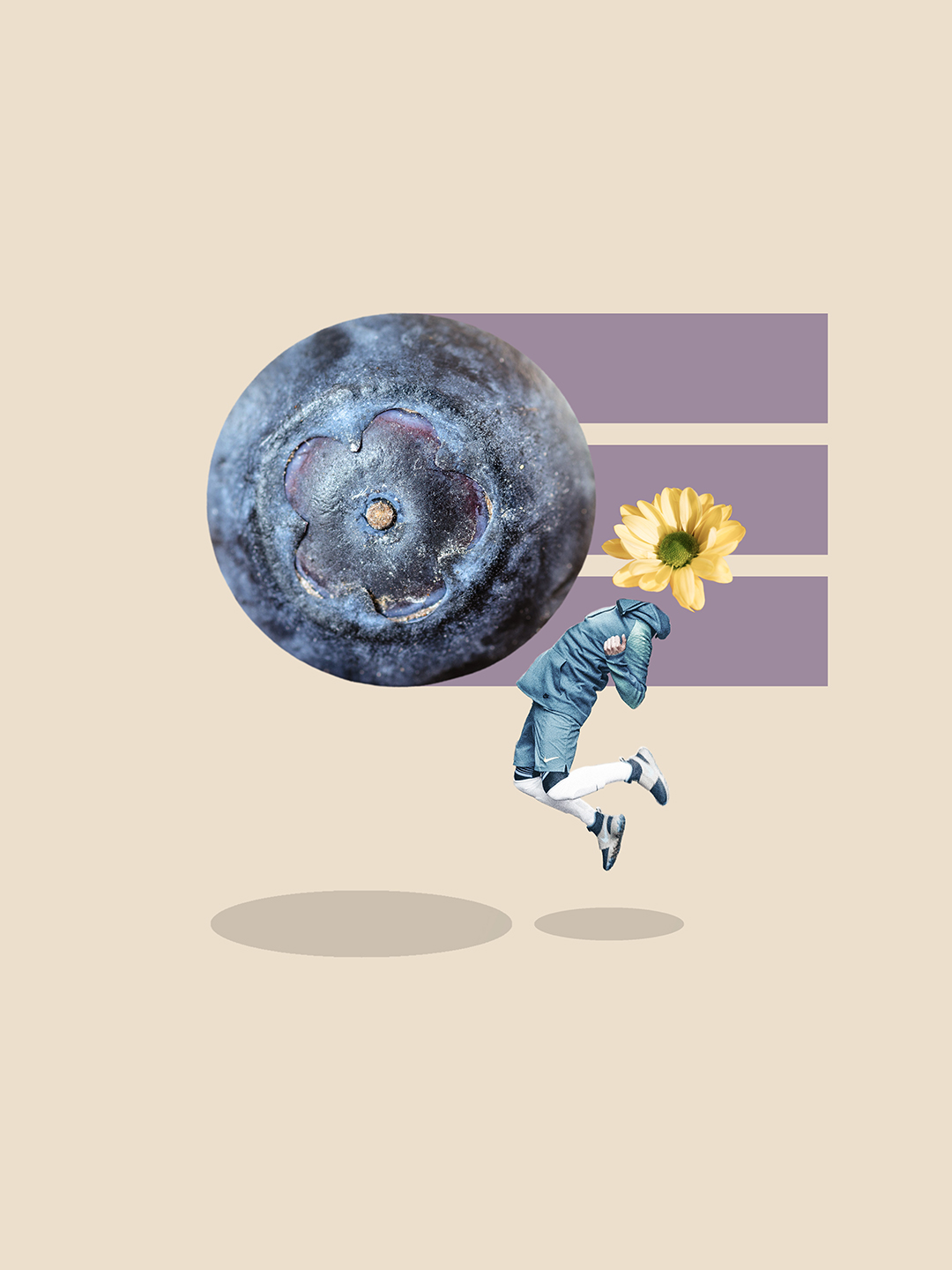 Surreal digital collage titled Bit by Bit, For Our Needs, featuring a soccer player wiith yelloww flower head blocking a giant blueberry with his chest by Mushroomalice MUMA