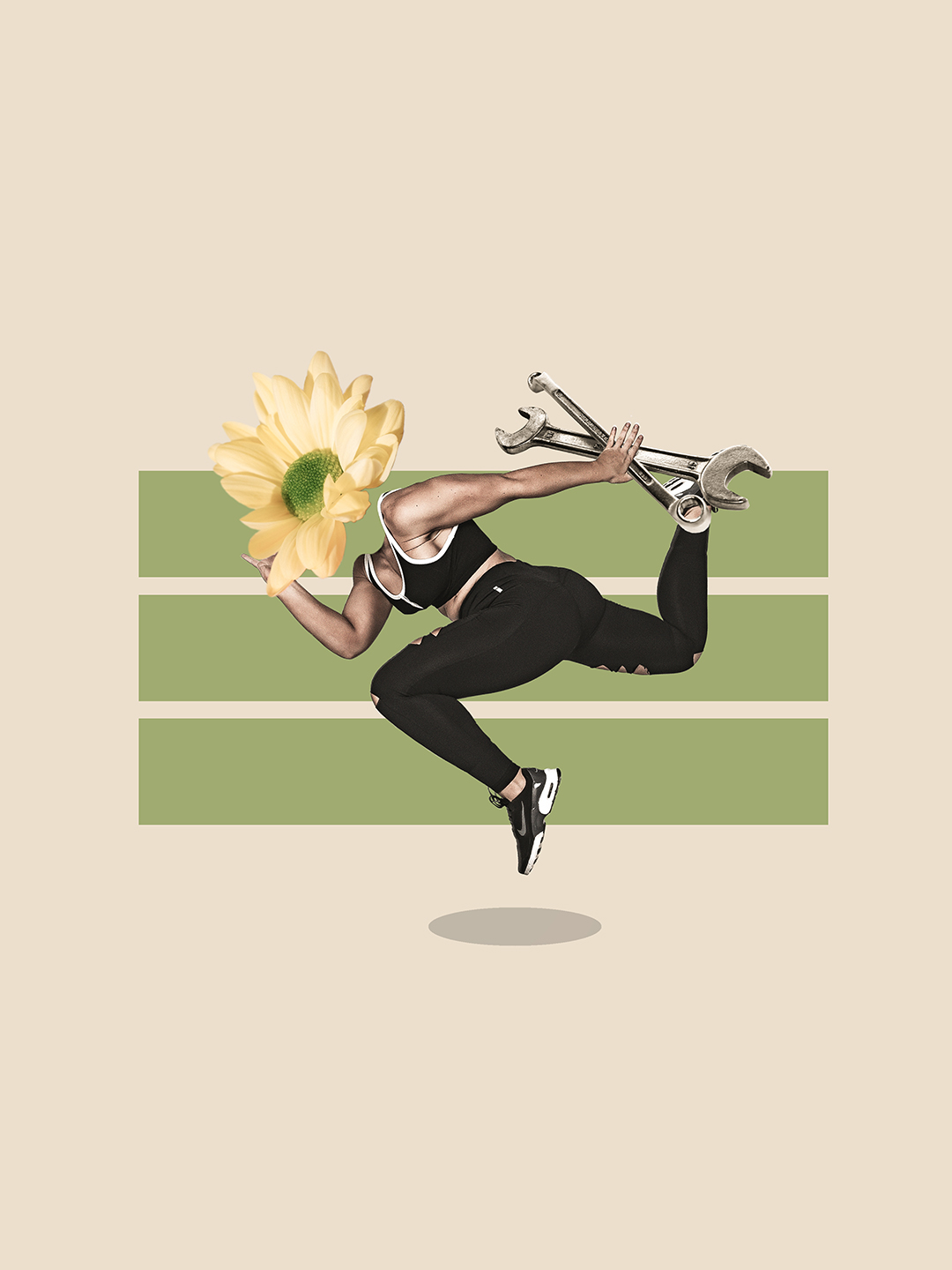 Surreal digital collage titled Whizzed and Dipped, What a Trip, featuring a mechanic with yellow flower head and gym wear running with tools and spanners in hand by Mushroomalice MUMA